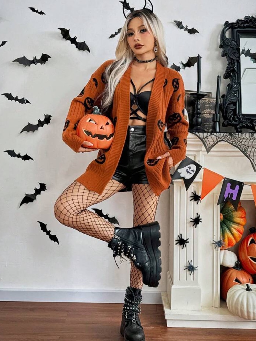 ChicEase Long Sleeve Casual Pumpkin Pattern Cardigan, Women Halloween - Picture 2 of 4